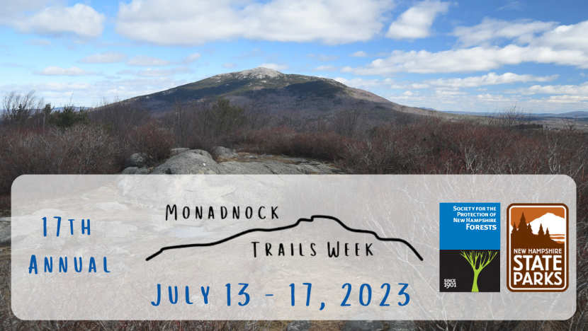 A photo of Mt Monadnock from afar with the dates July 13-17,