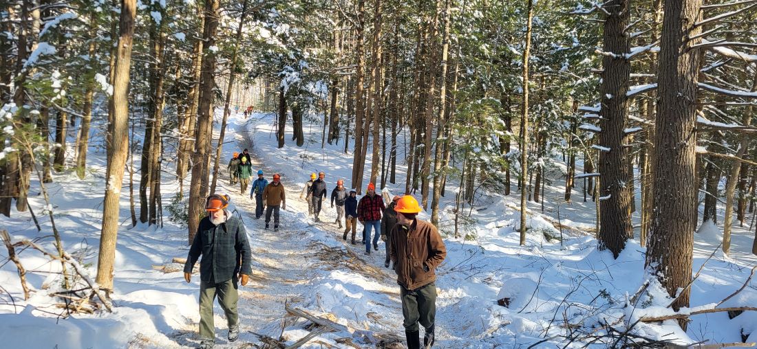 Walking through snowy forest on skid trail